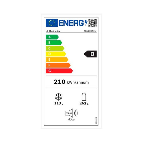 Frigorífico combi 203cm LG GBBSJ20DSW blanco NO FROST, clasificación energética: D, H: 203cm, A: 59,7cm, F: 67,5cm, capacidad total: 375L.