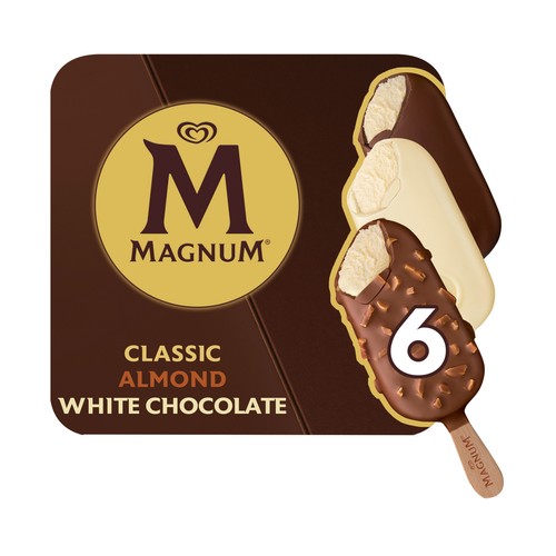 MAGNUM de Frigo Bombones helados de chocolate con leche (2), almendrado (2) y chocolate blanco (2) 6 x 100 ml.