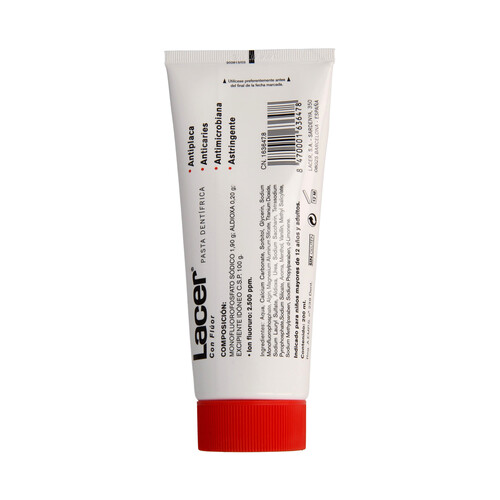 LACER Pasta de dientes con fluor y acción anticaries, antiplaca, antimicrobiana y astringente LACER 200 ml.