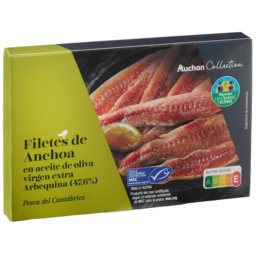 AUCHAN COLLECTION Anchoa del Cantábrico en aceite de oliva virgen extra con Certificado de Pesca Sostenible (MSC) lata 55 g Producto Alcampo Gourmet.