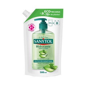 SANYTOL Recambio de jabón de manos hidratante con aloe vera y té verde 500 ml.