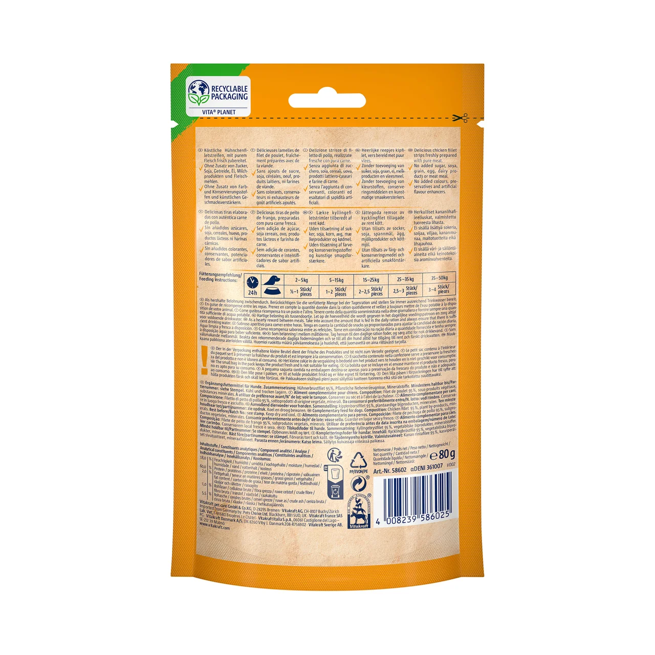 VITAKRAFT Snacks naturales para perros tiras de pollo VITAKRAFT 80 gr.
