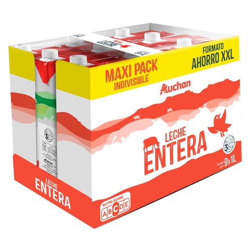 AUCHAN Leche de vaca entera, Maxi Pack Ahorro XXL 9 x 1 l Producto Alcampo.