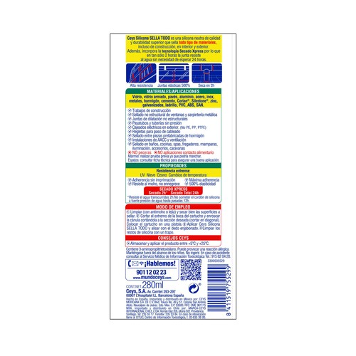 Silicona neutra multiusos, translúcido, CEYS Sella Todo, 280ml.