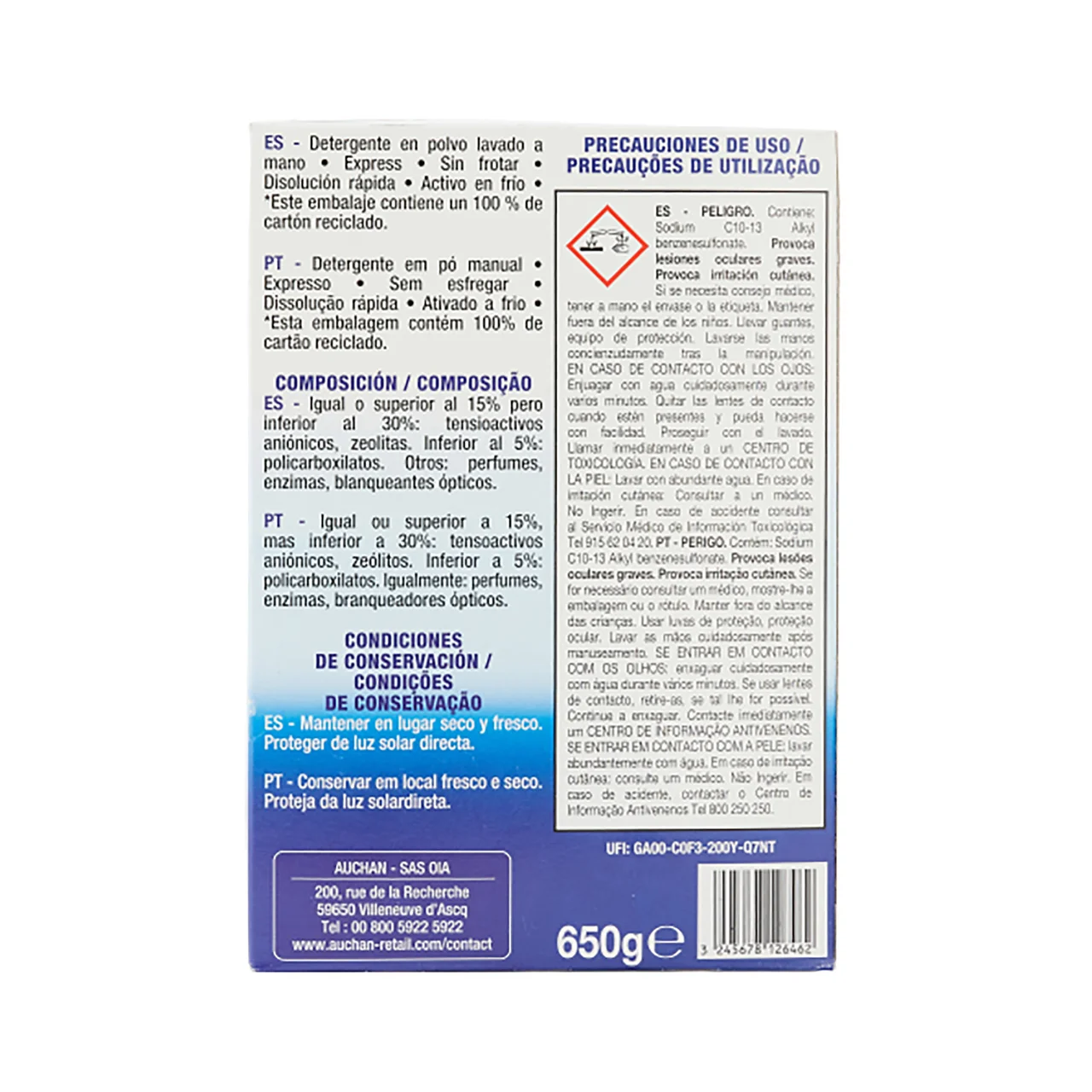 PRODUCTO ALCAMPO Detergente en polvo, lavado a mano 650 g.