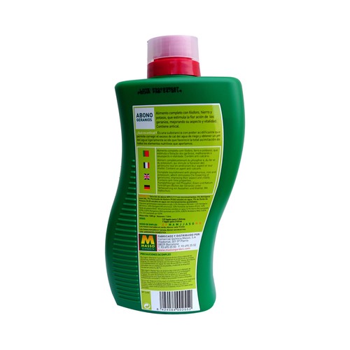 Botella de 1 litro de abono líquido especial para geránios MASSÓ GARDEN.