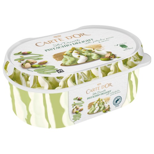 CARTE D'OR Les Desserts de Frigo Tarrina de helado de pistacho, con salsa y trozos de pistacho 825 ml.