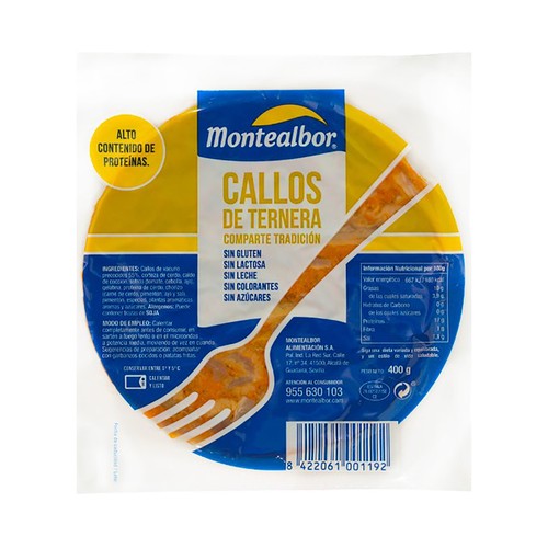 MONTEALBOR Callos de ternera estilo tradicional, sin azucares, ni colorantes ni alérgenos, ni gluten ni lactosa MONTEALBOR 400 g.