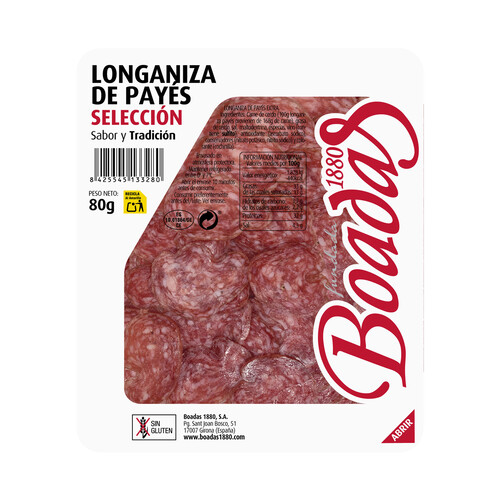 BOADAS Longaniza de payés, elaborada sin gluten y cortada en finas lonchas BOADAS Selección 80 g.