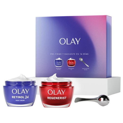 OLAY Caja con crema de día (50 ml) y crema de noche (50 ml) + masajeador facial.