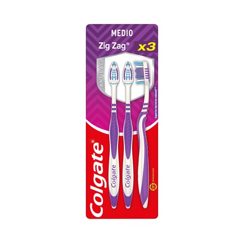 COLGATE Zig zag Cepillo de dientes medio, con filamentos cruzados y cuello flexible 3 uds.