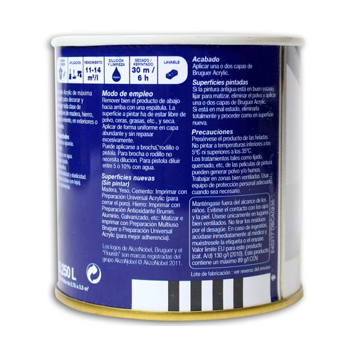 Bote de 0.25l. de esmalte acrílico decorativo blanco permanente satinado BRUGUER.