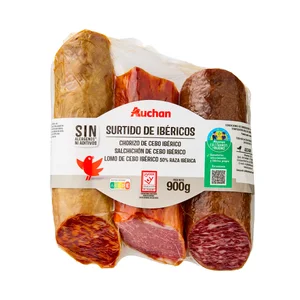 ALCAMPO PRODUCCIÓN CONTROLADA Lote de embutidos ibéricos lomo cebo (300g.), chorizo cebo (300g.) y salchichón cebo (300g.)