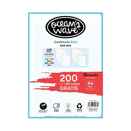 Recambios de papel A4 cuadrícula 4x4mm, 150 hojas + 50 hojas gratis, 10 colores, 90gr. OCEAN´S WAVE