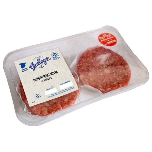 Bandeja con burger meat mixta (vacuno - cerdo) con queso GALLEGO 2 x 115 g.