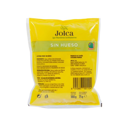 JOLCA Aceitunas verdes manzanilla fina sin hueso bolsa de 75 g.