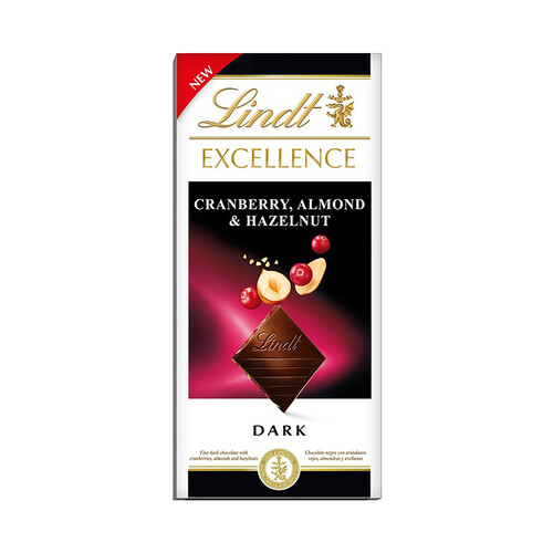 LINDT Excellence Chocolate negro con arándanos, almendras y avellanas 100 g.