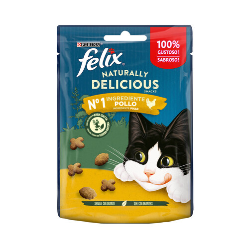 FELIX naturally delicious de Purina Snacks para gatos adultos con pollo y un toque de hierba gatera 50 g.