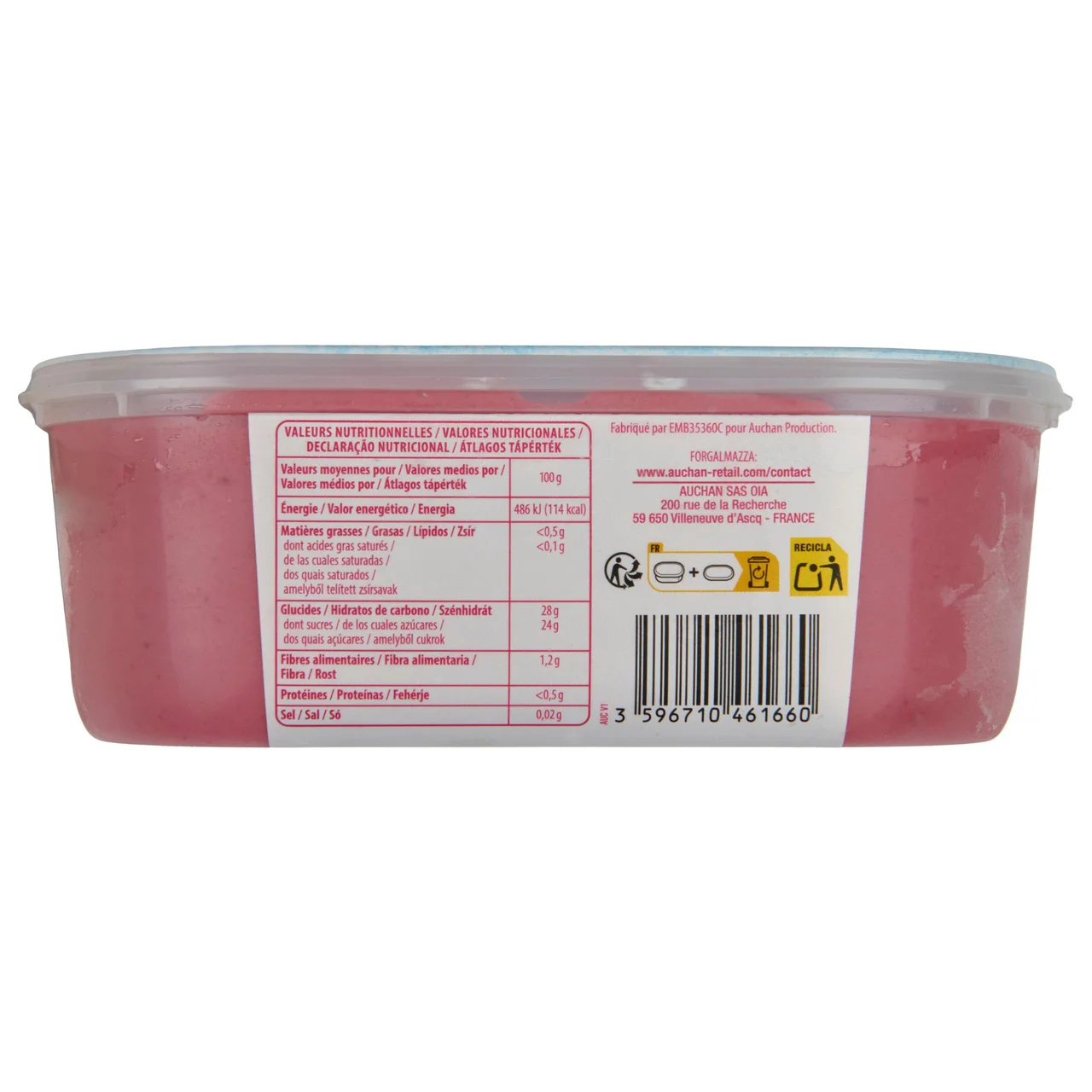 AUCHAN Tarrina de sorbete de frambuesa con trocitos de frambuesa 1 l.