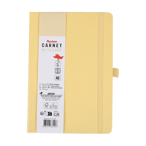 Cuaderno A5 de hojas rayadas, 96 hojas, color amarillo, ALCAMPO.