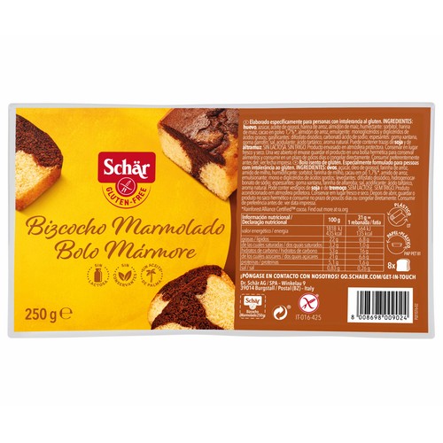 Bizcocho de mármol con chocolate sin gluten SCHAR, 250 g.