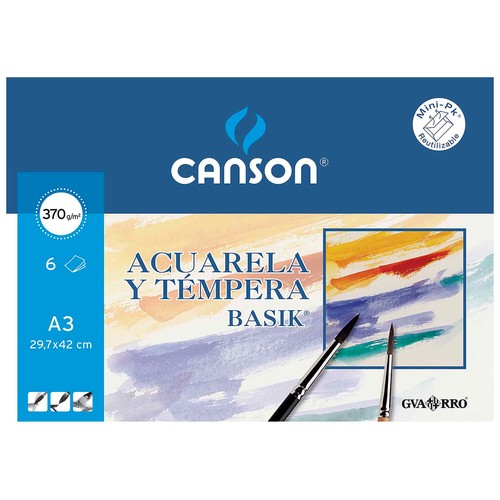 Bloc para pintar con acuarelas  o témperas de tamaño DIN-A3, apaisado, con 6 hojas de 370 g CANSON.