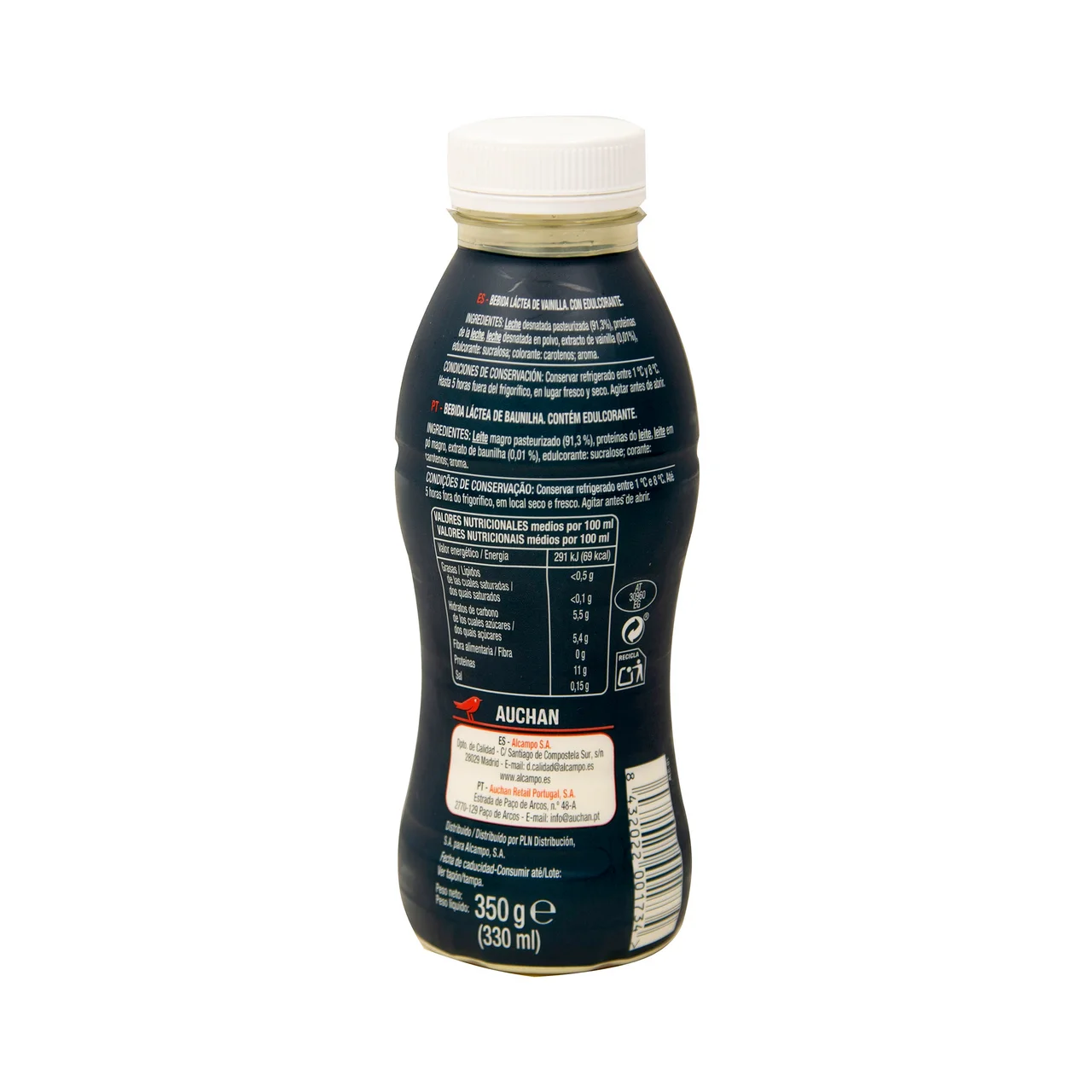 AUCHAN Protein + Bebida lactea de vainilla, sin grasa ni azúcares añadidos y con alto contenido en proteína 330 ml. Producto Alcampo