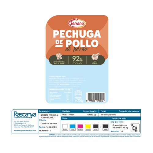 SERRANO Pechuga de pollo al horno cortada en lonchas, 250 g.