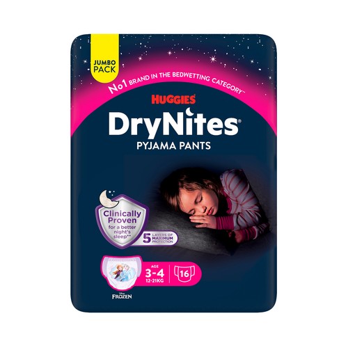 DRYNITES Pyjama pants Pañales de noche (braguitas absorbentes) talla 3-4 años, para niñas de 12 a 21 kg. 6 uds.