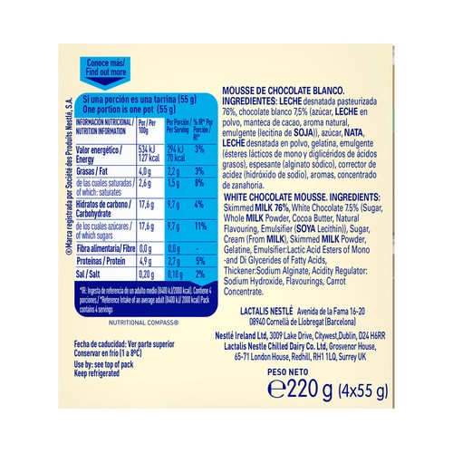 MILKYBAR Mousse de chocolate blanco de Nestlé 4 x 55 g.