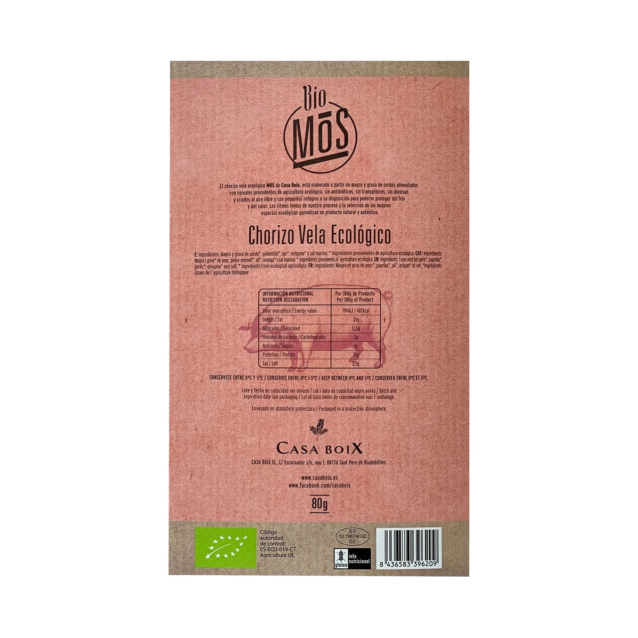 CASA BOIX Chorizo vela loncheado ecológico CASA BOIX 80 g.