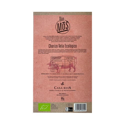 CASA BOIX Chorizo vela loncheado ecológico CASA BOIX 80 g.