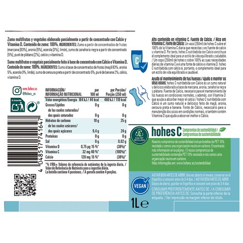 HOHES C Nutribebida con calcio y alto contenido en vitamina C, con sabor a manzana, aronia y platano, 1 l.
