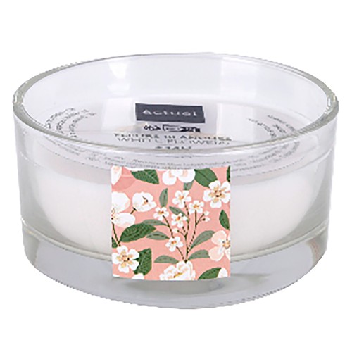 Vela grande en vaso de cristal con 3 mechas, aroma de flores blancas, ALCAMPO.