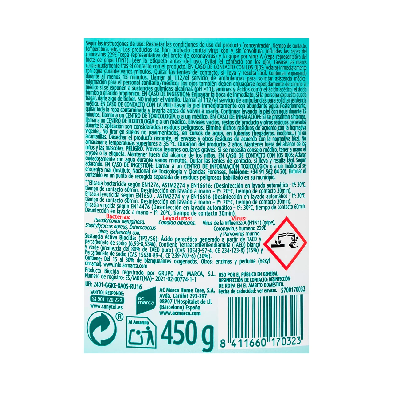 Quitamanchas en polvo desinfectante 450 gr.