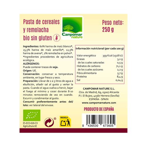CAMPOMAR NATUR Bio Espirales de cereales y remolacha ecológica 250 g.