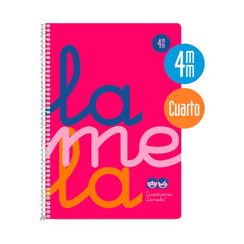 Cuaderno con tapas de polipropileno color rosa, tamaño cuarto, cuadrovía 4mm, 80 hojas, EDITORIAL LAMELA.
