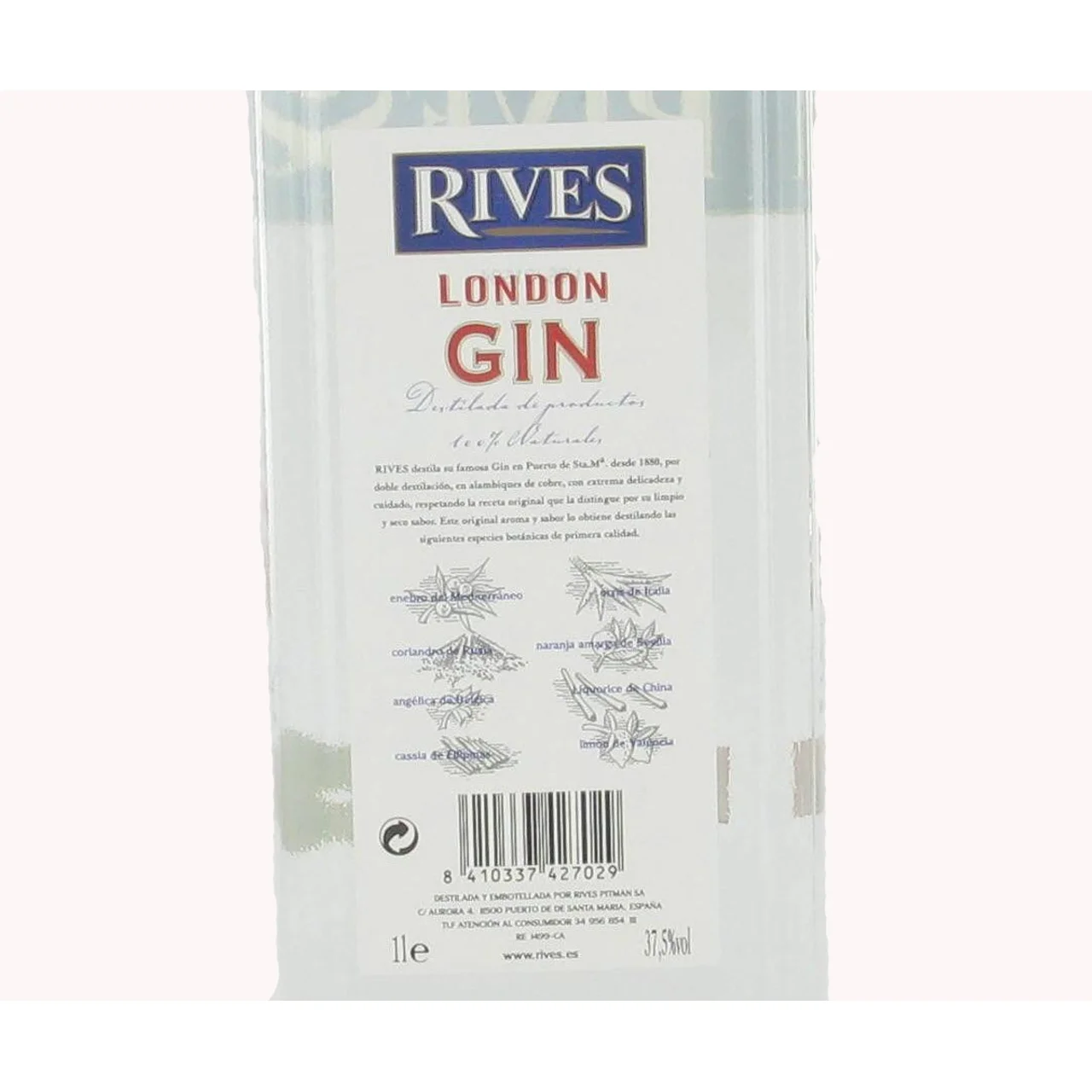 Ginebra española tipo London dry gin botella 1 litro.