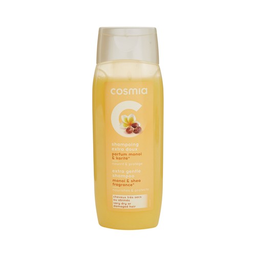 COSMIA Champú extra suave con perfume de monoi y karité, para cabellos muy secos o dañados COSMIA 400 ml.