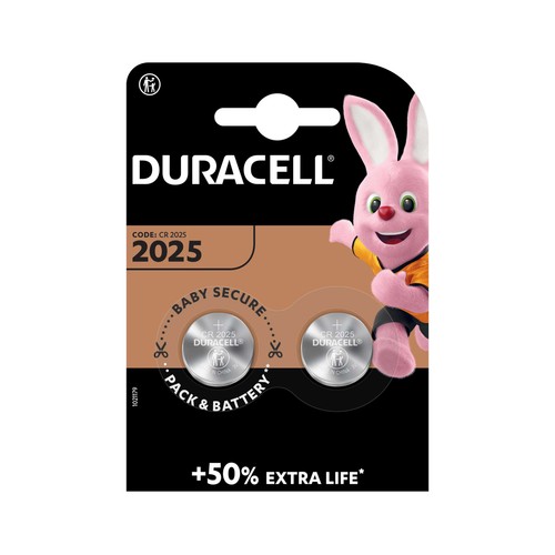Pack de 2 pilas de botón de litio CR2025, 3V, DURACELL.