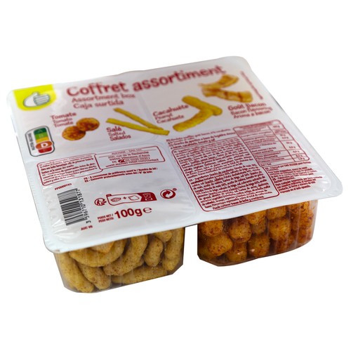 PRODUCTO ECONÓMICO ALCAMPO Surtido de snack con arma a bacon, cacahuete, tomate y sal 100 g.