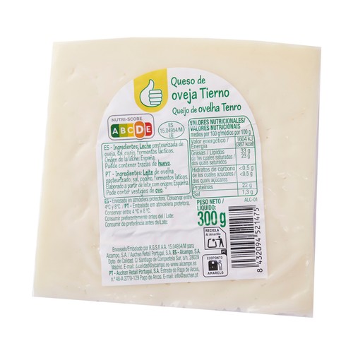 PRODUCTO ECONÓMICO ALCAMPO Queso de oveja tierno, cuña 350 g.