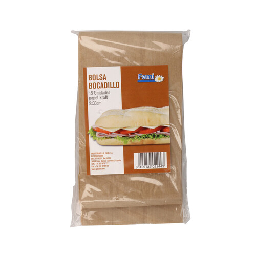 Bolsa de bocadillo de papel kraft FAMI 9 x 33 cm. 15 uds.