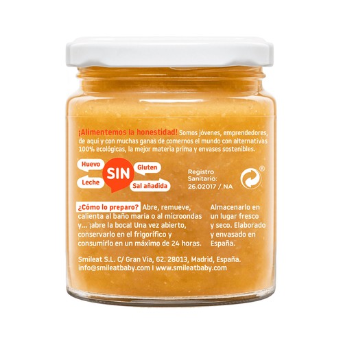 SMILEAT Tarrito de calabaza y calabacín para bebés a partir de 6 meses 230 g.