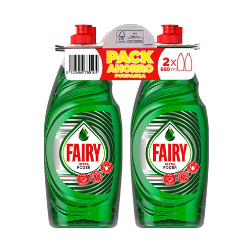 Detergente lavavajillas a mano concentrado FAIRY ULTRA PODER 2 x 650 ml.