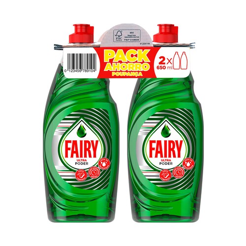 FAIRY Detergente lavavajillas a mano concentrado FAIRY ULTRA PODER 2 x 650 ml.