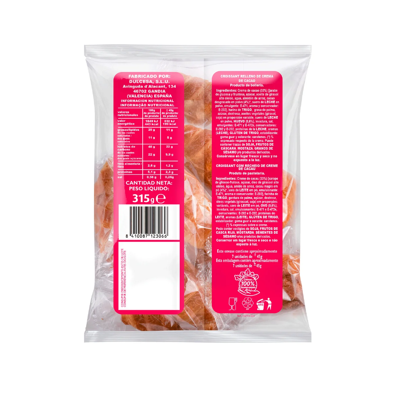Croissansts rellenos de cacao, 7 uds aprox. 315 g.