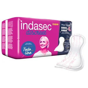 INDASEC Discreet Compresas maxi noche incontinencia, para pérdidas de orina moderadas a severas 12 uds.