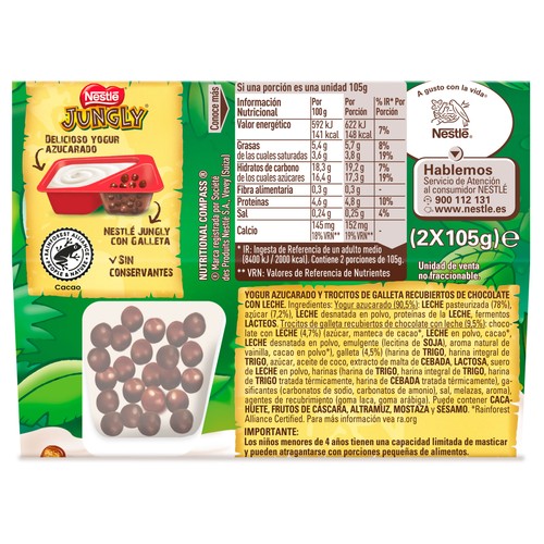 NESTLÉ Yogur natural azucarado con trocitos de galleta recubiertos de chocolate con leche Jungly 2 x 105 g.