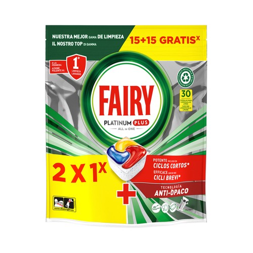FAIRY Platinum plus Detergente lavavajillas en cápsulas, con tecnología anti-opaco 30 uds.
